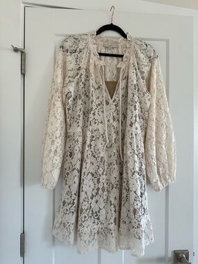LOFT Cream Lace Long-Sleeve V-Neck Dress